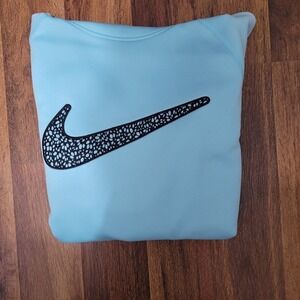 Nike‎ Therma-FIT Hoodie Pullover Sweatshirt Floral Swoosh Light Blue L FLAW